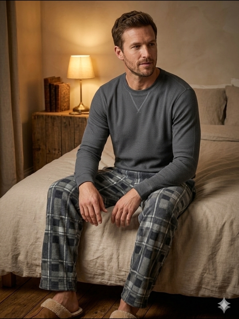 Nevada Men’s 2-Piece Pajama Set - Gray Waffle Knit Top & Plaid Fleece Pants - L